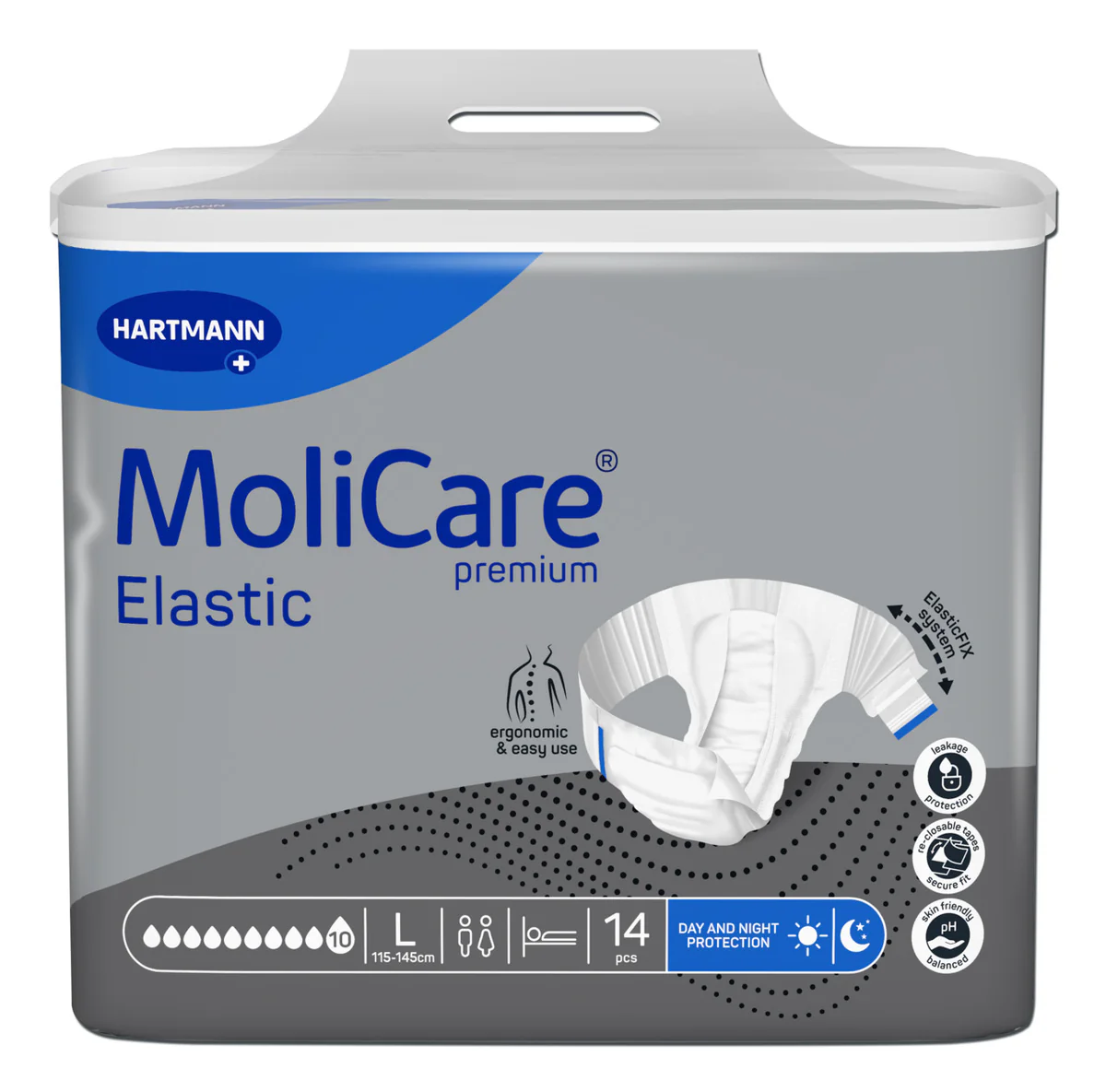 Packshot-frontal-MoliCare-Premium-Elastic-10-drops-Size-L-14-pieces.jpg Molicare Premium Elastic 10 Drop Large - Image 1
