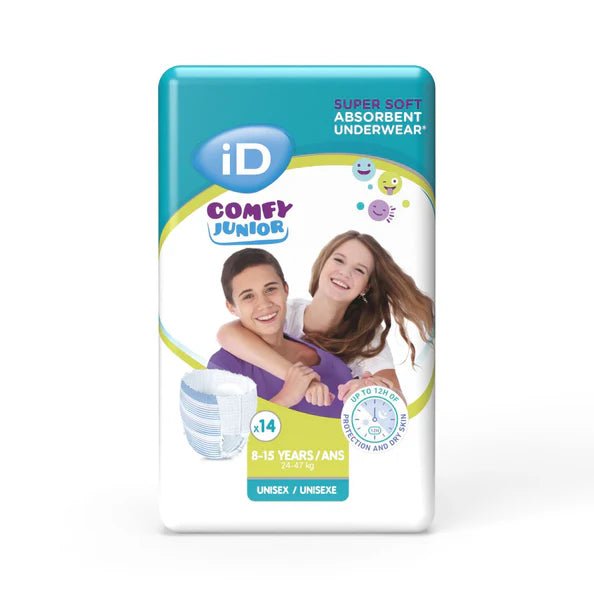 ComfyJnrPackUpdate.jpg Ontex iD Comfy Junior Pants 8-15 yrs (24-47kg) - Image 1